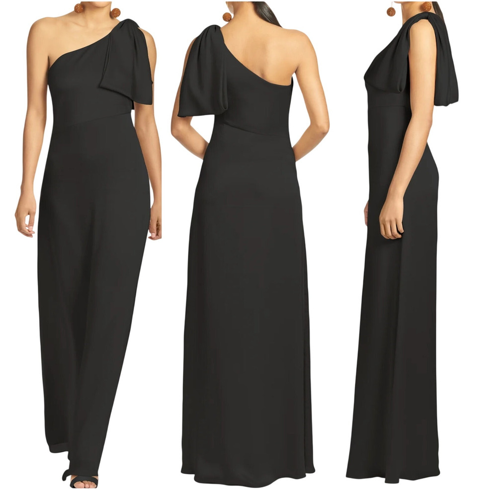 Sachin & Babi NWT Chelsea One Shoulder Crinkle Bow Gown Size 4 Black Georgette